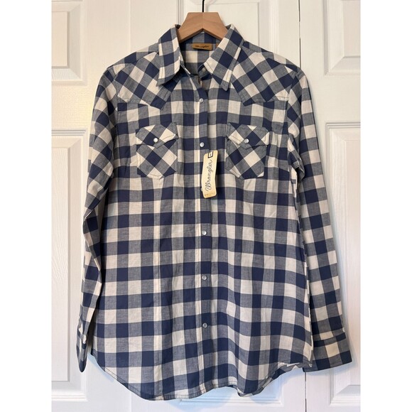 Wrangler Women's Western Snap Shirt Blue White Buffalo Plaid Size M - NWT! - Picture 1 of 10